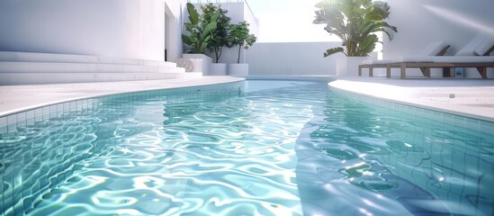 Obraz premium Modern Pool with Clear Blue Water, Surrounded by White Walls and Greenery, Sunlight Reflecting on the Water's Surface