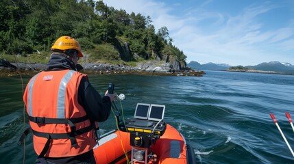 Obraz premium The survey team conducts hydrographic surveys to map bodies of water and assess marine environments.