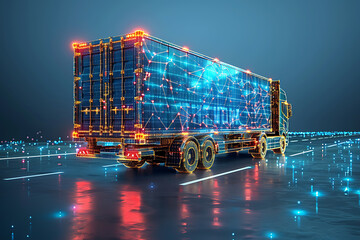 Rear view of an open truck with stacked boxes, isolated on blue background, in low frame wireframe vector. Emphasizes shipping, transportation logistics, storage warehouse industry commercial business