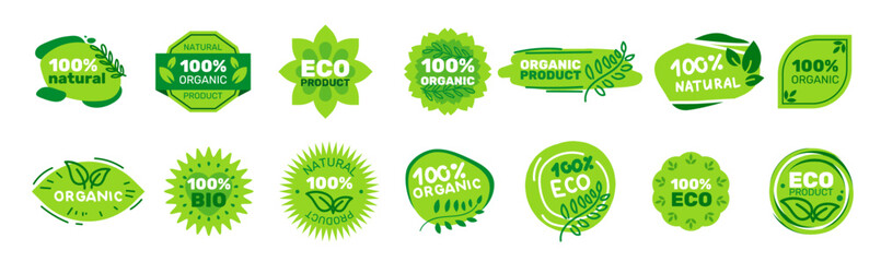 Collection of Green Organic Products Labels. Natural Product Sticker. Eco Bio Food Stamp. Natural Leaf Icon