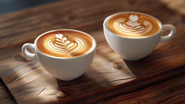 Close-up of two cups of coffee with latte art standing on a wooden table. Coffee shop advertisements, barista training, cafes, and coffee brands