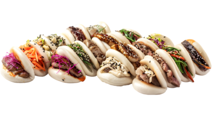  A collection of pork, chicken, and veggie bao buns arranged in an appealing manner on a transparent background 