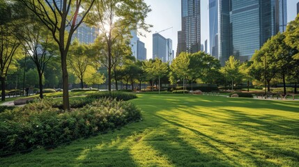 Naklejka premium The transition from a concrete jungle to a grassy park provides a refreshing change, offering a breath of fresh air and green space.
