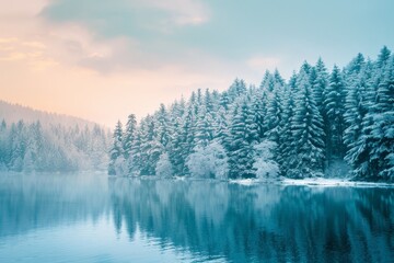 Obraz premium Serene Winter Lake with Snow-Capped Trees and Reflections