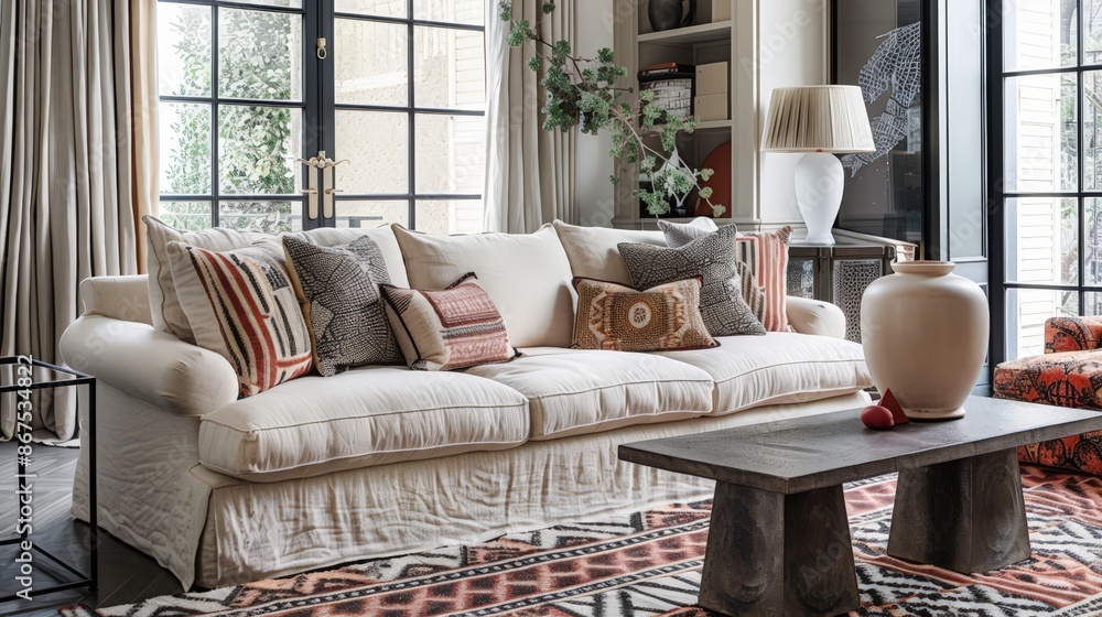 Poster the use of geometric patterns in textiles, such as rugs and upholstery, can infuse a room with energ