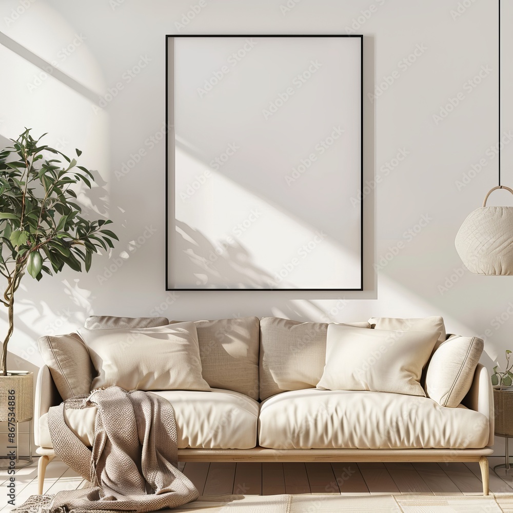 Wall mural A tasteful living room setting with a plush couch and a sunlight-kissed blank frame perfect for an abstract, wallpaper, or background best-seller