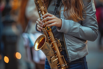 Obraz premium Girl playing the saxophone, close-up of the saxophone itself, showing fingers pressing the keys.