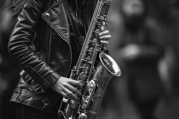 Obraz premium Girl playing the saxophone, close-up of the saxophone itself, showing fingers pressing the keys.