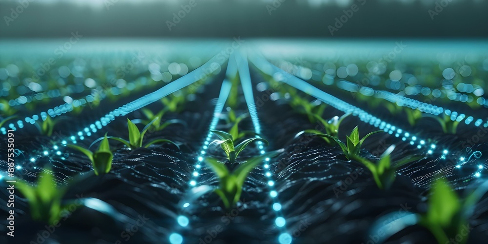 Aufkleber nighttime view of smart farm with digital grid overlay enhancing crop rows. concept smart farming, d