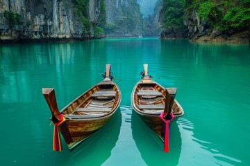 Obraz premium Two Wooden Boats Docked in a Clear, Turquoise River with Lush Green Mountains in the Background