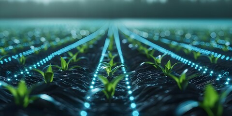Nighttime view of smart farm with digital grid overlay enhancing crop rows. Concept Smart Farming, Digital Grid, Nighttime View, Crop Rows, Technology Integration