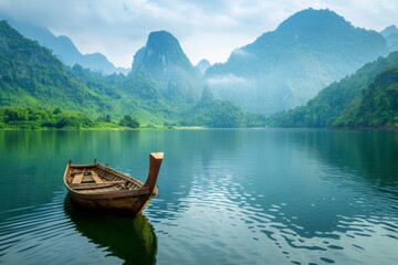 Serene Lake with Wooden Boat, Surrounded by Majestic Mountains and Misty Fog
