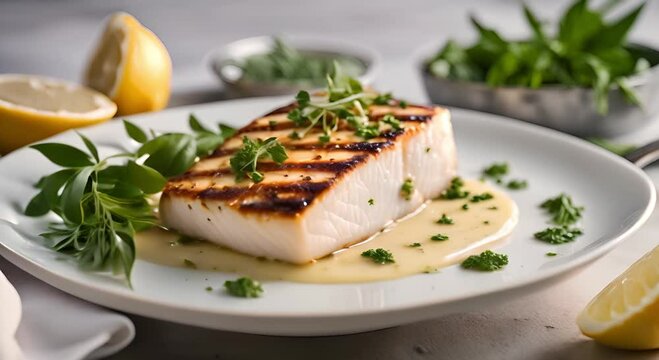 Grilled halibut with lemon butter and herbs.