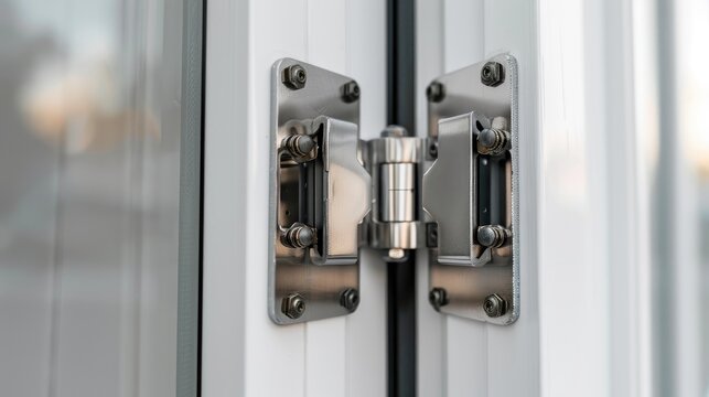 Contemporary aluminum door hinges on white doors with space for text close up shot