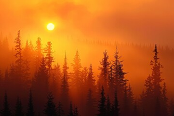 Fototapeta premium Sunset Silhouette: Golden Hour in a Forest of Tall Pine Trees