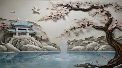 3D luxury wallpaper mural with a golden Japanese landscape and cherry blossoms, sakura , white waterfall, mountains and clouds in the background, Generated  AI