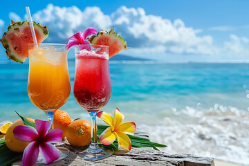 A detailed stock photo depicting two tropical drinks with fruit garnishes on a beach, suitable for various concepts and mockups.