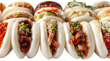  A collection of pork, chicken, and veggie bao buns arranged in an appealing manner on a transparent background 
