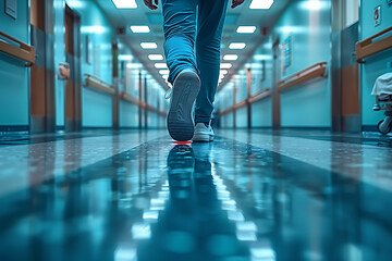 Obraz premium A view of doctors' legs in hospital corridors or on the way to the operating room