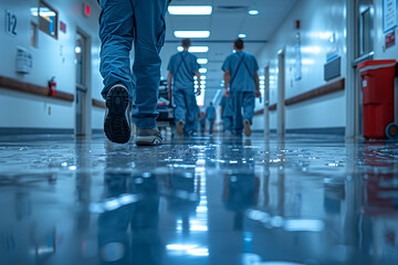 Obraz premium A view of doctors' legs in hospital corridors or on the way to the operating room