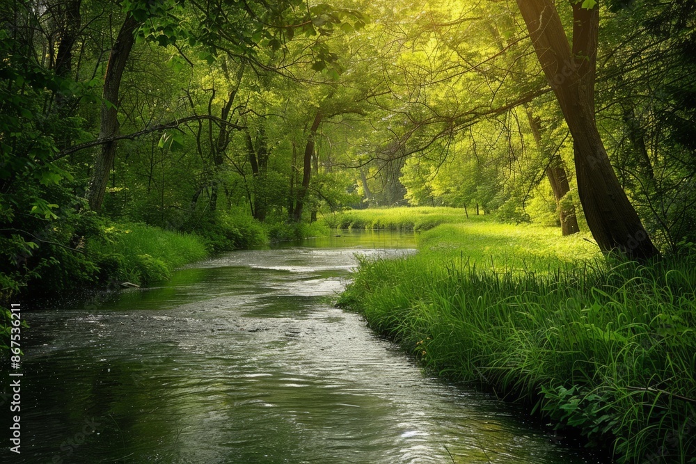 Poster serene forest stream with sunlight filtering through trees