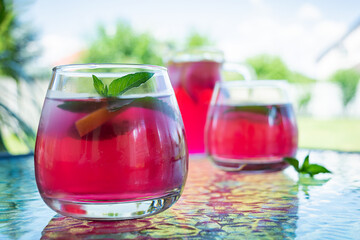 Basil lemonade. Homemade lemonade with purple basil and mint