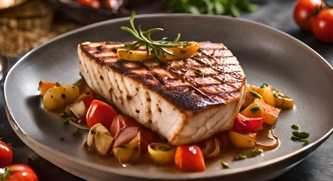 Grilled swordfish with caramelized onions, fricassee vegetables. Seafood Recipe Concept