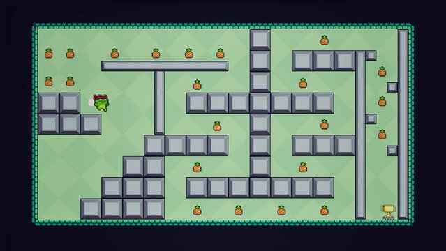 CGI footage of fun vintage platformer video game, of green frog moving through maze, jumping between stations, collecting pineapples as reward, reaching destination and completing level