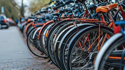Crowded bike racks with unsold cycles, over supply, cycling industry overstock
