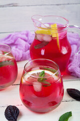 Basil lemonade. Homemade lemonade with purple basil and mint