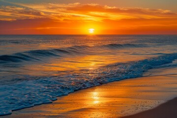 Sunset Beach Scene with Waves and Clouds