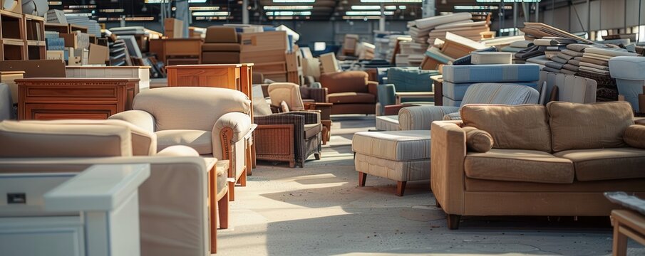 Piles of unpurchased furniture in a showroom, over supply, furniture industry glut