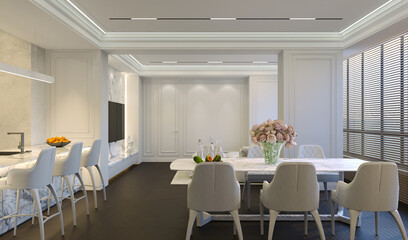 3D visualization of modern dining room interior. Interior design of modern interior. Modern style in the interior