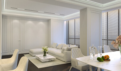 Modern Interior Design. Living room area, modern sofa. 3D visualization of living room with corner sofa