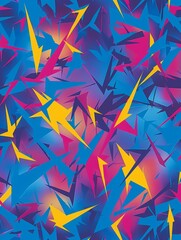Abstract seamless pattern with geometric shapes in blue, yellow and pink colors.