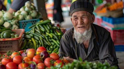 Local seller sitting in the market. Close up portrait of senior persian man. Fresh vegetables in the street bazaar