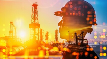 Oil pipelines inspection, maintenance technology, pipeline integrity close up, focus on, copy space Vibrant colors Double exposure silhouette with inspection tools