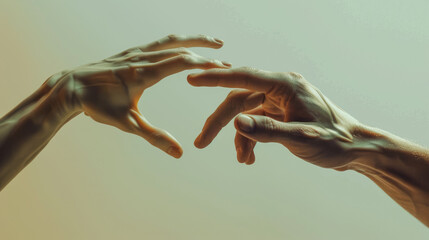 Obraz premium Two hands extend towards each other, fingers almost touching, creating an intimate and delicate moment against a tranquil background.