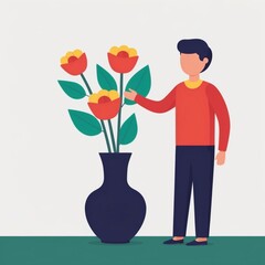 A person standing next to a large vase of tulips. 2D flat color illustration.