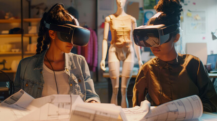 Two women wearing VR headsets, examining architectural blueprints in a modern studio with mannequins in the background. Represents virtual reality in design, architecture, and fashion technology