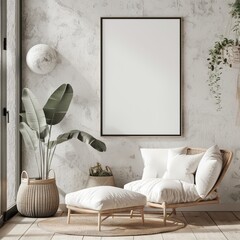 A modern blank frame hangs on a textured wall in a cozy boho-style interior perfect for an abstract wallpaper background with best-seller potential