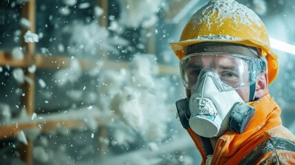 Professional construction worker wearing a high-grade dust mask, surrounded by lot of floating particles of glass wool dust in a construction site. 