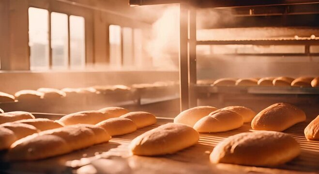 Rows of bread on an automated conveyor belt. Production of bakery products on conveyor belts
