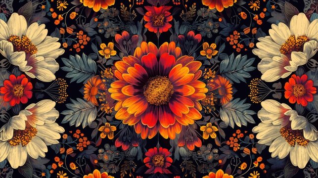 Vibrant floral pattern featuring colorful autumn flowers in a symmetrical design with rich, dark background.