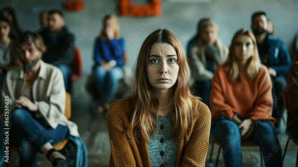 Poster sad depressed woman at support group meeting for mental health and addiction issues in anonymous com
