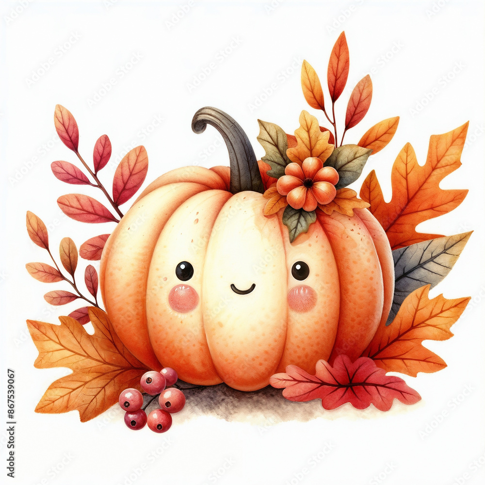 Wall mural Cute halloween pumpkin with autumn leaves on white background. AI