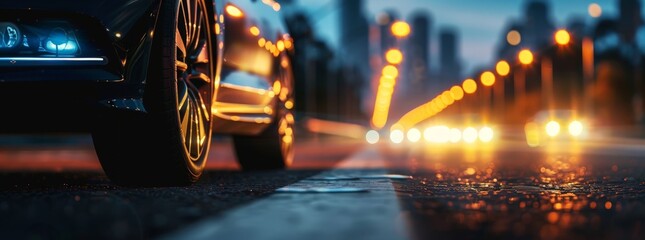 Nighttime Cityscape with Blurred Car Lights and Street Lamps
