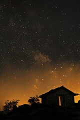 Stone Hut Under Starry Night Sky