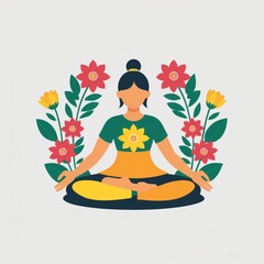 Woman exercising yoga in the lotus position with floral background. 2D flat color illustration.