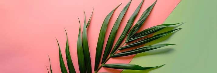 Minimal summer exotic concept with copy space featuring a green tropical palm leaf on a pink and green background in a creative flat lay.